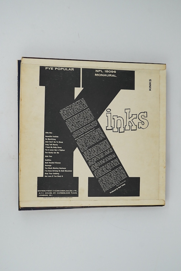 Nine Kinks LP record albums; Kinks, on Pye label NPL.18096, Live at Kelvin Hall, on Pye label NPL.18191, Well Respected Kinks, Sunny Afternoon, The Kinks, Kinda Kinks, Lola, The File Series, All Day and All of the Night.